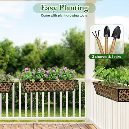 SPECILITE 30" Window Boxes Planters, Heavy Duty Metal Railing Planter Boxes, Adjustable Balcony Planters for Railing Hanging, with Coco Liner & Tool Set for Deck, Porch, and Patio Gardening (2 Pack)