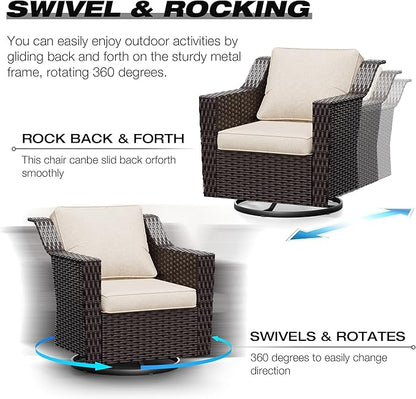 Joyside Wicker Patio Furniture Sets, 5 Pieces Upgraded Large Size Outdoor Furniture with Swivel Rocking Patio Chairs, 3-Seat Sofa, Fire Table, Coffee Table, Thick Cushions, Wide Armrest, Beige
