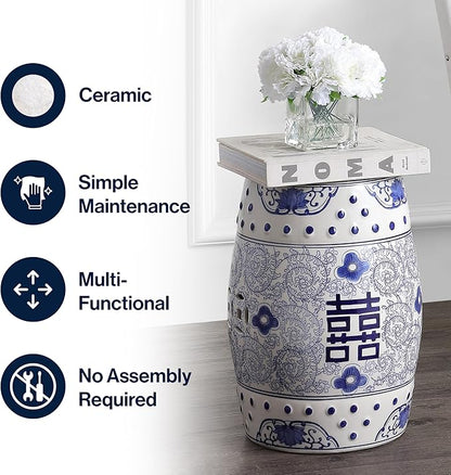 JONATHAN Y TBL1013A Double Happiness 18" Chinoiserie Ceramic Drum Indoor/Outdoor Garden Stool Bohemian, Coastal, Classic, Cottage, French Country, Traditional, Bathroom, Garden Room, Patio, Blue/White