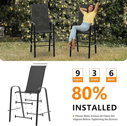 VINGLI Outdoor Bar Chairs Set of 8 – Stackable Outdoor Bar Stools with Sturdy Sling High Back and Armrests for Lawn, Courtyard, Garden, Bar, Black