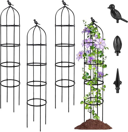 4-Pack 6FT Garden Obelisk Trellis for Climbing Plants,Adjustable 4-Tier Metal Plant Support,Rustproof Outdoor Plant Tower with 3 Decorative Tops for Roses,Tomatoes,Clematis & Vines,Black