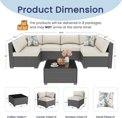 Outdoor Patio Furniture Set with 43'' Fire Pit Table, 8 Pcs Outdoor Patio Furniture Conversation Sets with 4in Thicken Cushion, Wicker Outdoor Sectional for Backyard, Garden, Balcony,Deck,Coffee/Beige