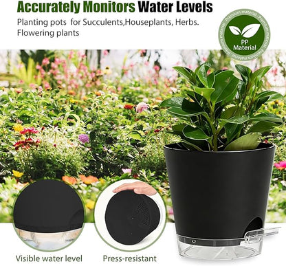 Plant Pots 4/5/5.5/6/6.5/7 Inch Self Watering Pots, 6 Pack Plastic Planters with Drainage Holes and Clear Saucers,Plastic Flower Pots,Nursery Planting Pot for Indoor Out Door Plants(Black)