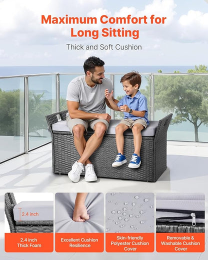 VEVOR Outdoor Storage Bench, 2-Person PE Rattan Storage Bench, 40 Gal Deck Box with Cushion & Side Handle, Supports up to 400 lbs, Weatherproof Outdoor Seating & Porch Decor for Patio Garden Balcony