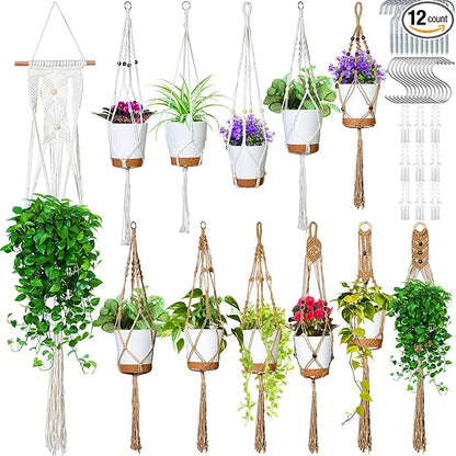Hoteam 12 Pcs Macrame Plant Hangers Macrame Hanging Planters for Indoor Plants Handmade Boho Hanging Baskets Flower Pots Holder for Outdoor Home Wall Decor