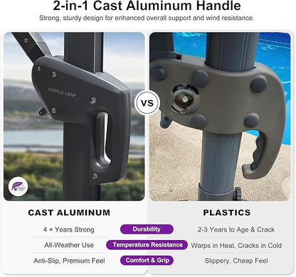 PURPLE LEAF Patio Umbrella 10' X 10' Rectangle Cantilever Umbrella Large Aluminum Outdoor Umbrellas with 360-degree Rotation & UPF40+ Premium Fabric for Deck Pool Garden Yard, Pebble Grey