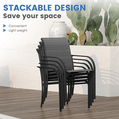VICLLAX Patio Dining Set for 4, Alll Weather Metal Outdoor Furniture Set Includes 1 Square Outdoor Table and 4 Stackable Patio Chairs, Black Table and Dark Grey Chairs