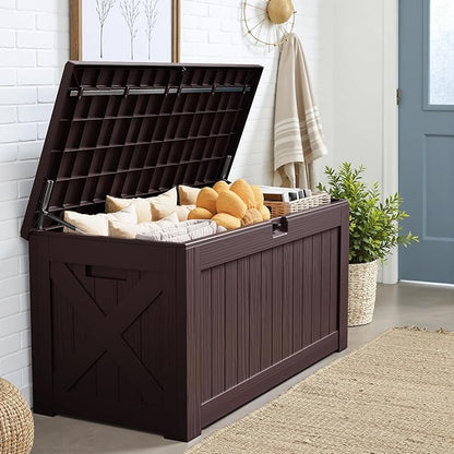 JUMMICO 120 Gallon Resin Deck Box, Large Outdoor Storage Box Waterproof & Lockable for Garden, Patio, Pools (Deep Brown)