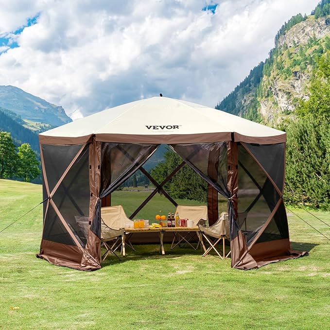 VEVOR Pop Up Gazebo Screen Tent 6 Sided Canopy Sun Shelter with 6 Removable Privacy Wind Cloths & Mesh Windows, 12.5x12.5FT Quick Set Screen Tent with Mosquito Netting, Brown