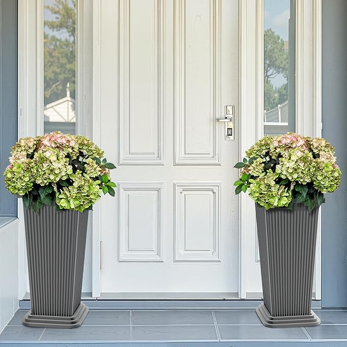 FENCY Set of 2 Tall Planters for Outdoor Plants, 24 Inch Large Tapered Pots with Drainage Trays, Weather-Resistant Plastic Plant Containers for Patio, Porch, Garden, Front Door Decor,Gray,Striped