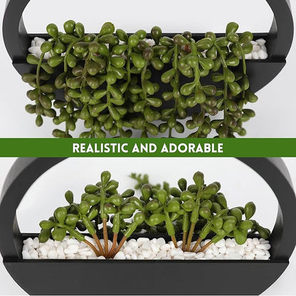 Floweroyal 2pcs Artificial Succulents Hanging Plants 12.2'' Fake String of Pearls in Pot with 8.3'' Lanyard for Indoor Outdoor Wall Decor (Black).