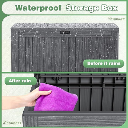 Greesum Outdoor Storage Box 120 Gallon Storage Bin with Lid for Patio Furniture, Garden Tools, Pool Supplies, Lockable, Waterproof and UV Resistant, Gray