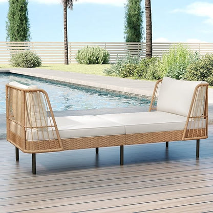Tangkula Patio Rattan Daybed Set of 2, Boho Outdoor Wicker Lounge Sofa with Seat & Back Cushions, 2-Seat Bench Sun Lounger Chair with Robust Metal Legs for Deck, Backyard, Porch, Poolside (Off White)