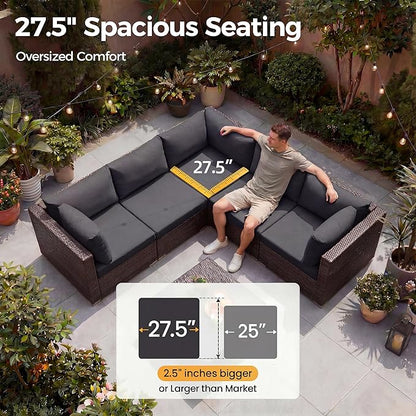 NICESOUL 9 Piece Extra Large Outdoor Patio Furniture Set with Fire Pit Natural Gas/Propane, 29.3 High Back Modular Sectional Couch Sets, Deep Seat Conversation Set, Brown Rattan and Dark Grey Cushion