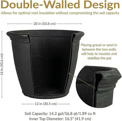 Sunnydaze 20-Inch Anjelica Large Plastic Pot for Plants - Outdoor Double-Walled Large Plastic Planter with Drillable Drainage Holes - Matte Black