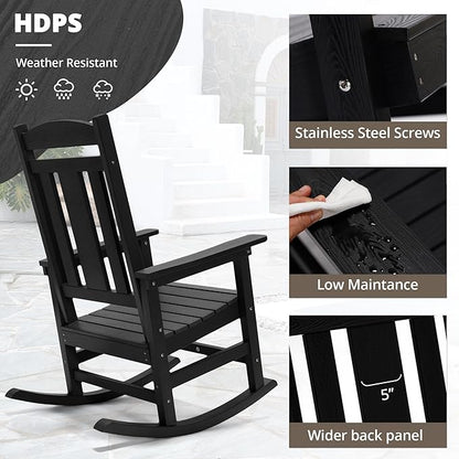 LUE BONA Outdoor Rocking Chairs Set of 4, Weather Resistant HDPS Poly Rocker Chairs, 350lb Heavy Duty, Oversized Porch Rocker for Adult, High Back Smooth Rocking Chairs for Outdoor & Indoor, Black
