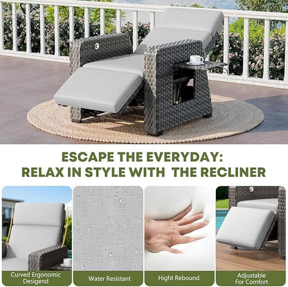 WACASA Outdoor Recliner Chair with Independent Dual-Control – 150° Lay-Flat Wicker Patio Armchair with Air Pump, Flip-Up Side Table, Extended Footrest & 5" Thick Fade-Resistant Olefin Cushions