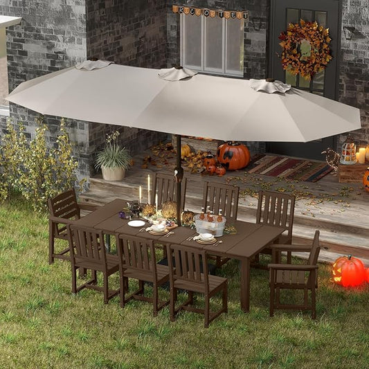 9-Piece Brown Outdoor Dining Set with White 15FT Large Patio Umbrella, 75.2'' HDPE Table & Chairs for 8, Weather-Resistant Furniture with Umbrella Hole for Patio, Lawn, Poolside