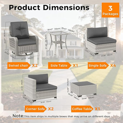 8-Seat Modern Patio Furniture Set with Swivel Rocking Chairs, Thick 4″ Cushions, Dual-Strand Wicker Rattan, Rust-Resistant Steel Frame – Outdoor Conversation & Modular Sectional,Black