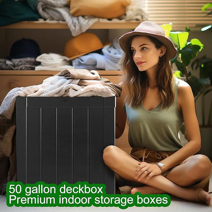 50 gallon deck box,All-weather resin material outdoorstorage box easy to install and portable,Suitable for indoor and outdoor scenes (black)