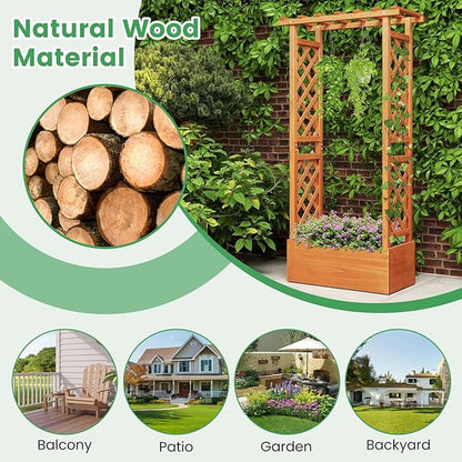 Giantex Set of 2 Raised Garden Bed with 2-Sided Trellis & Hanging Roof, Fir Wood Planter Box w/Drainage Holes, Bottom Gaps, Freestanding Garden Planter for Flowers Herbs Climbing Vines (31"x12.5"x60")