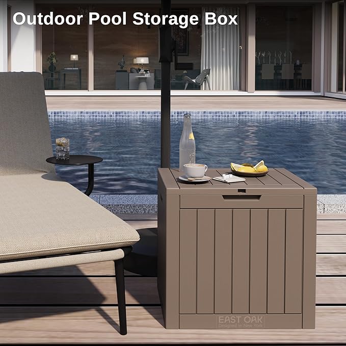 EAST OAK Outdoor Storage Box, 31 Gallon Deck Box, Waterproof Resin Storage Bin for Patio Cushions, Gardening Tools, Accessories, Lockable, UV Resistant, Brown