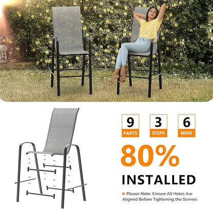 VINGLI Set of 4 Stackable Outdoor Bar Stools – Sling Chairs with High Back & Armrests, for Lawn, Garden, Bar, Grey