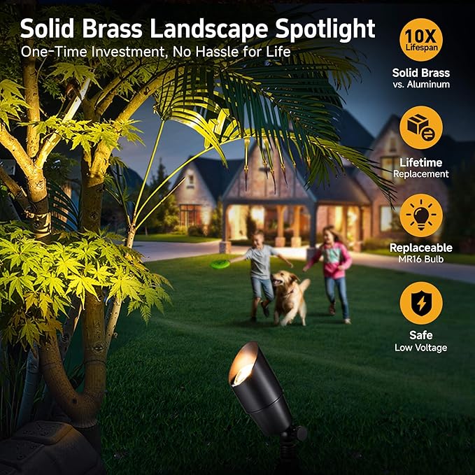 Gardenreet Brass Landscape Lighting - Black Outdoor Low Voltage Spotlights LED, 12V Wired Uplights, Waterproof Spot Lights for Outside Trees with 5W 2700K Warm White MR16 Bulb (4 Pack)