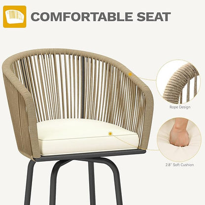 DWVO Outdoor Counter Height Bar Stools Set of 2, Patio Swivel Bar Chairs with Soft Cushions, 360° Rotation, Bar Height Rattan Chairs for Backyard, Poolside, Garden, Beige