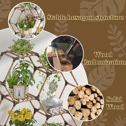 Tikea Hexagonal Plant Stand Indoor Plant Stand for Multiple Plants Outdoor Large Wooden Plant Shelf 6 Tiered 9 Potted Plant Holder Flowers Stand for Patio Balcony Window Living Room