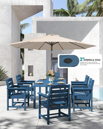 SERWALL 7-Piece Patio Dining Sets, 60" - 83" Expandable Outdoor Dining Table and 6 HDPE Chairs, All Weather HDPE Outdoor Furniture Set for Backyard, Garden, Blue