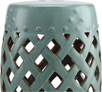 Outsunny 13" x 18" Ceramic Garden Stool with Woven Lattice Design & Glazed Strong Materials Decorative Outdoor Stool, Antique Blue