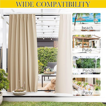 NICETOWN 2 Panels Outdoor Curtains Waterproof Pocket & Back Tab on Top & Bottom, Thermal Insulated Windproof Sun Blocking Outside Privacy Drapes for Patio with Fixed Rope, W84 x L84, Biscotti Beige
