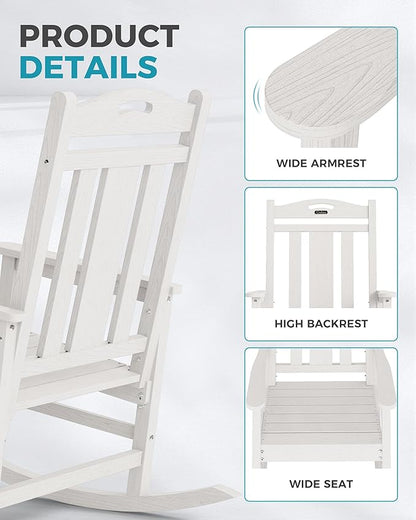 Ciokea Oversized Outdoor Rocking Chairs Set of 3, 380lbs Heavy-Duty Large Patio Rocker, High Back Cozy Porch Chairs, Weather Resistant Patio Rocking Chairs for Outside, Fire Pit, Deck, White