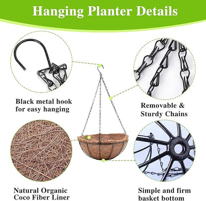 4 Pack Hanging Planter Basket Outdoor Large Hanging Flower Pots Indoor 12 inch with Coco Coir Liner Round Wire Plant Holder Chain Hanging Basket Garden for Home Decor Balcony Office1