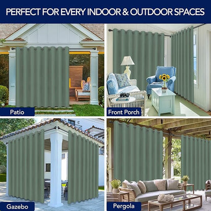 PureFit Outdoor Curtains for Patio Waterproof Weatherproof, UV Resistant Outside Curtains for Gazebo, Front Porch, Pergola, Sun Blocking Privacy Curtain, 120W x 108L inch, 1 Panel, Sage Green