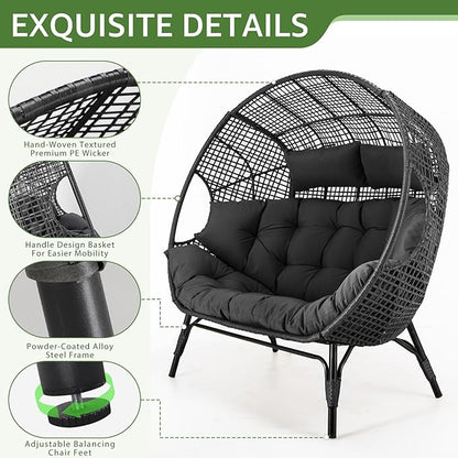 NICESOUL Indoor Outdoor Double Egg Chair with Footrest Padded Cushion, Oversized Wicker Twin Egg Shaped Chair Wide Seater with Ottoman, 2 People Loveseat Gray for Patio Porch Balcony