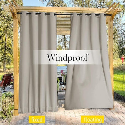 NICETOWN 2 Panels Fixed Outdoor Curtains for Patio Waterproof, Top & Bottom Grommet & Back Tab Windproof Drapes Thermal Insulated Blackout Outdoor Blinds for Porch/Gazebo, W52 x L84, Natural