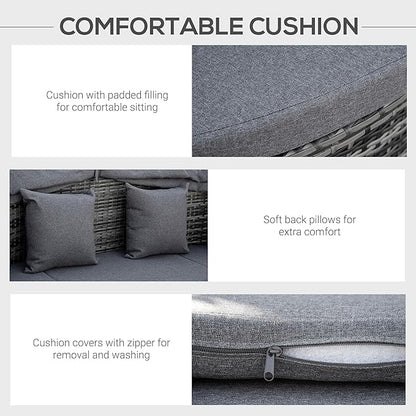 Outsunny 4-Piece Outdoor Rattan Furniture Set, Round Convertible Patio Daybed or Sunbed, Sectional Sofa with Canopy, Pillows, Cushions, Footrest, Table, PE Plastic Wicker, Gray