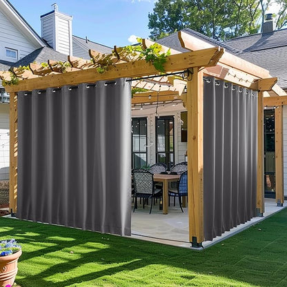 NICETOWN 2 Panels Outdoor Curtains for Patio Waterproof, W100 x L84 Windproof Extra Wide Grommet & Back Tab on Top & Bottom Thermal Insulated Sun Blocking Drapes with Rope for Gazebo, Grey
