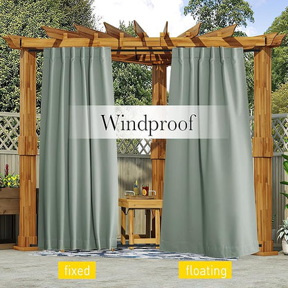 NICETOWN 2 Panels Outdoor Curtains for Patio Waterproof 108 inches Long, Windproof Thermal Insulated Top & Bottom Pocket & Back Tab Blackout Drapes with Rope for Fixed, Sage Green, W52 x L108