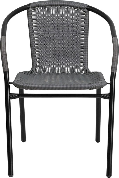 EMMA + OLIVER Set of 2 Modern Rattan Indoor/Outdoor Stack Chairs, Stacking Rattan Patio Chairs with Curved Back and Cross Bracing, Gray