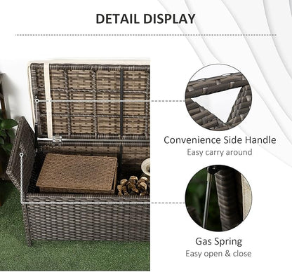 Outsunny 29 Gallon Patio Wicker Storage Bench, Outdoor PE Rattan Patio Furniture, 2-in-1 Large Capacity Rectangle Garden Storage Box with Handles and Cushion, Cream White