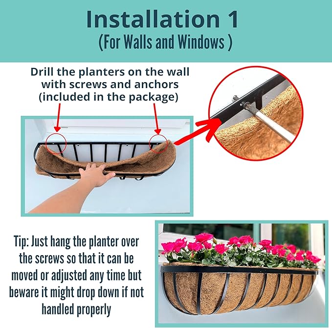 LaLaGreen Deck Railing Planter Boxes - 6 Pack, 36 Inch Long Window Flower Box Attach to House, Wall Planters for Outdoor Plants with Coco Liners English Horse Trough Fence Balcony Garden Porch Rail