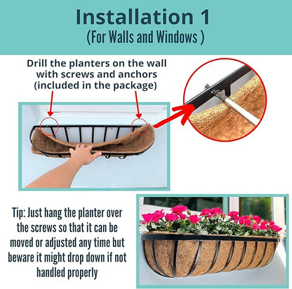 LaLaGreen Deck Railing Planter Boxes for Plants (24 Inch, 2 Pack) Black Metal Wall Planters for Outdoor Plants, Window Flower Box Deck Railings with Coco Liner, Fence Balcony Patio Porch Over Rail