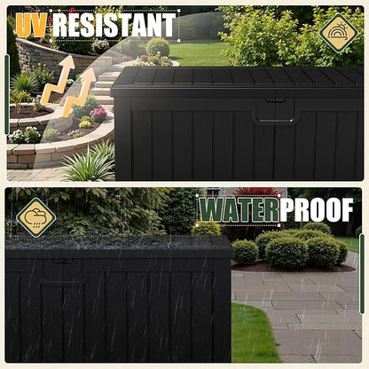 JUMMICO 250 Gallon Outdoor Resin Deck Box with Divider, Waterproof Storage Box with Lockable Lid&Side Handles for Garden Tools, Pools Supplies (Black)