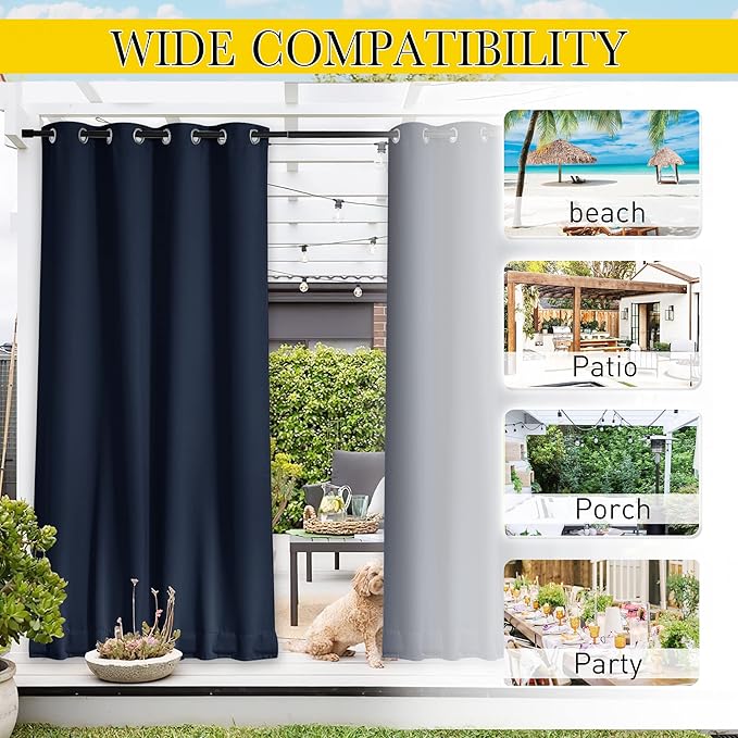 NICETOWN 2 Panels Weighted Blackout Curtains for Patio Waterproof, Top & Bottom Grommet & Back Tab Fixed Outdoor Curtains Windproof Drapes Thermal Insulated for Porch, W52 x L84, Navy Blue