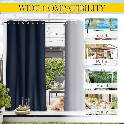 NICETOWN 2 Panels Outdoor Curtains for Patio Waterproof & Windproof, Extra Wide Grommet & Back Tab on Top & Bottom Thermal Insulated Sun Blocking Drapes with Rope for Deck, Navy Blue, W100 x L108