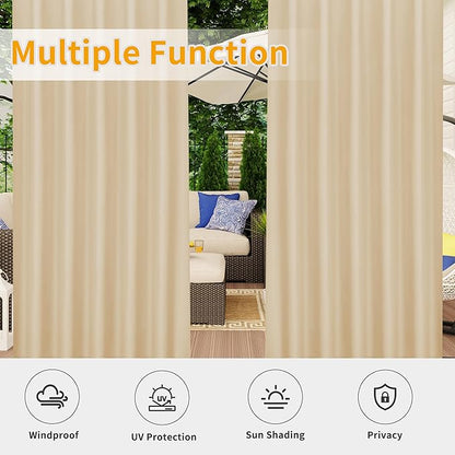 Easy-Going Outdoor Patio Curtains Detachable Tab Top Windproof Weatherproof Curtain for Cabana, Porch, Pergola and Gazebo, Tab Bottom Drape, 2 Panels, 54W x 84L inch, Beige