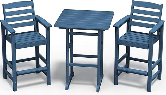 SERWALL Balcony Adirondack Chairs and Table 3 Pieces Set, Adirondack Bar Height Chairs Set of 2 and Bar Table, Outdoor Bar Stools Set for Bistro, Poolside, Backyard, Blue